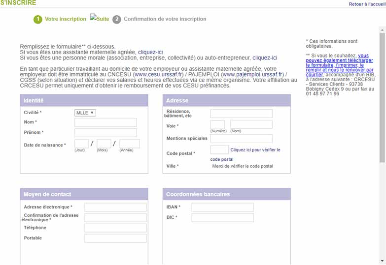 Les informations à renseigner pour s'inscrire au CR CESU pour un particulier