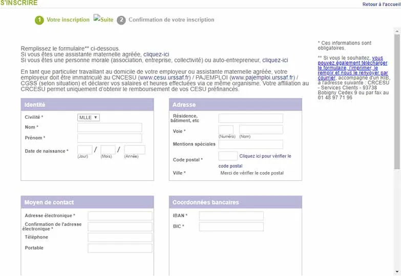 Les informations à renseigner pour s'inscrire au CR CESU pour un particulier