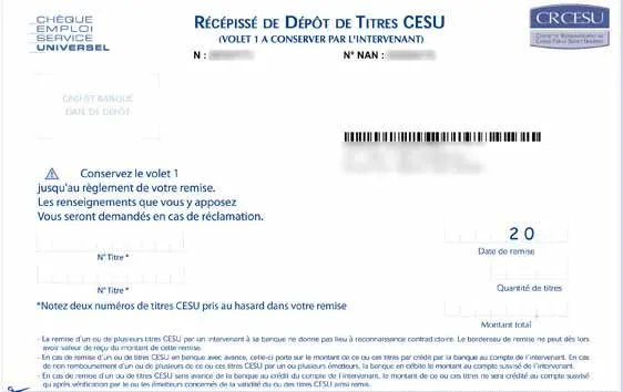 Le volet 1 du bordereau de remise personnalisé CRCESU